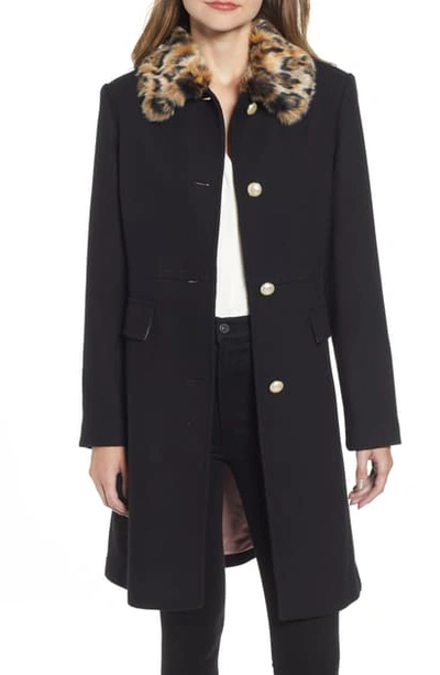 Shop Kate Spade Faux Fur Collar Wool Blend Coat In Black