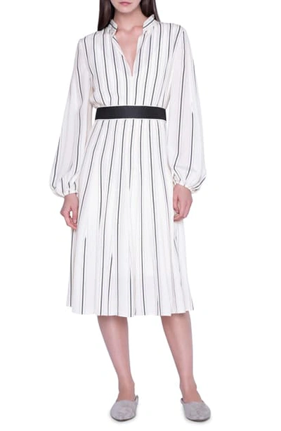Shop Akris Stripe Long Sleeve Silk Crepe Midi Dress In Jasmine Navy