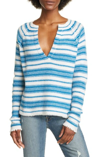 Shop Allude Serafino Hand Knotted Cashmere Sweater In Ivory/ Cobalt