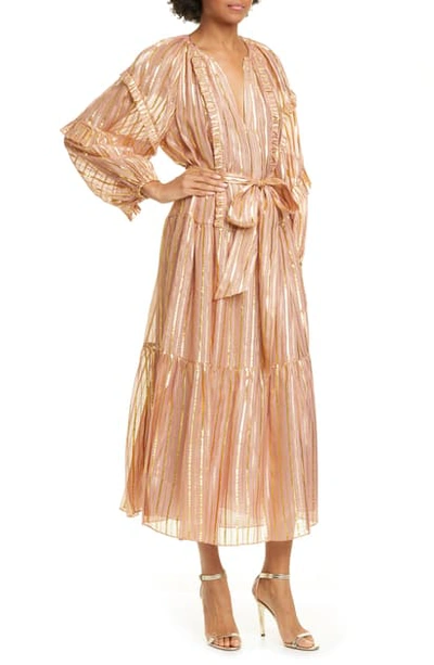 Shop Ulla Johnson Talitha Metallic Stripe Long Sleeve Silk Maxi Dress In Rose