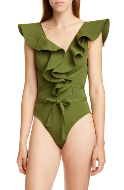 Shop Johanna Ortiz Ruffle Trim One-piece Swimsuit In Military Green