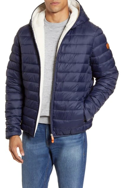 Shop Save The Duck Water Resistant Faux Shearling Lined Puffer Jacket In Navy Blue