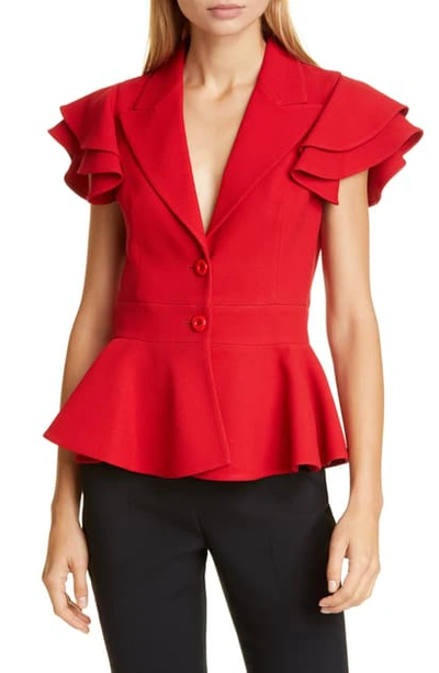 Shop Michael Kors Ruffle Sleeve Peplum Jacket In Crimson