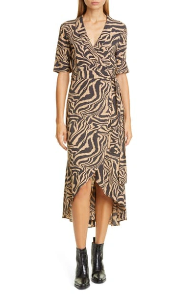 Shop Ganni Tiger Stripe Print Wrap Midi Dress In Tannin