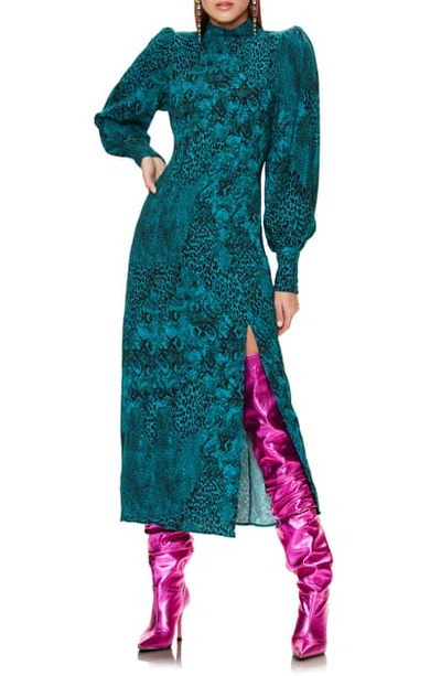Shop Afrm Bobbie Long Sleeve Mock Neck Midi Dress In Teal Animal