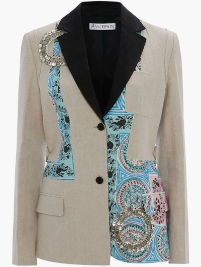 Shop Jw Anderson Mystic Paisley Patchwork Tailored Blazer With Crystal Embroidery In Neutrals