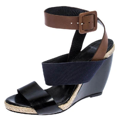 Pre-owned Pierre Hardy Tri Color Leather And Canvas Ankle Strap Wedge Sandals Size 39 In Brown