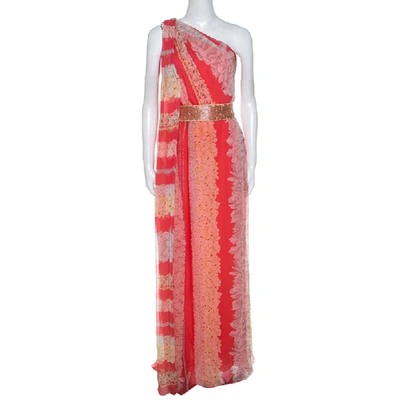 Pre-owned Missoni Coral Pink Floral Print Silk One Shoulder Maxi Dress S