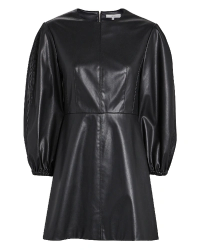 Shop Tibi Faux Leather Puff Sleeve Mini Dress In Black