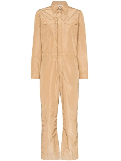 Shop Ganni Collared Utility Jumpsuit In Brown