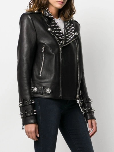 Shop Balmain Studded Leather Biker Jacket In Black