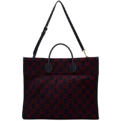 Shop Gucci Navy Wool Gg Tote In 8497 Blue