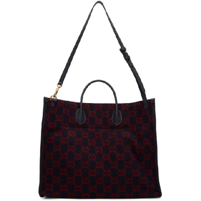 Shop Gucci Navy Wool Gg Tote In 8497 Blue