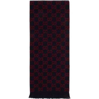 Shop Gucci Navy Wool Gg Scarf In 4074 Navy