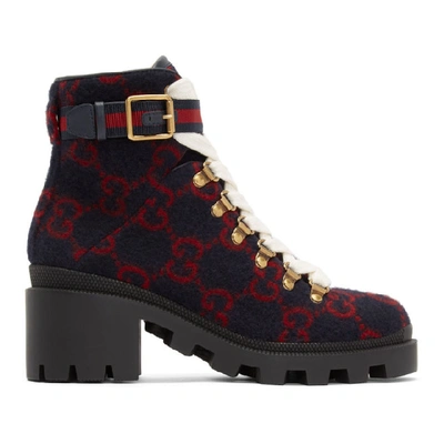 Shop Gucci Navy Wool Gg Ankle Boots In 4167 Blue