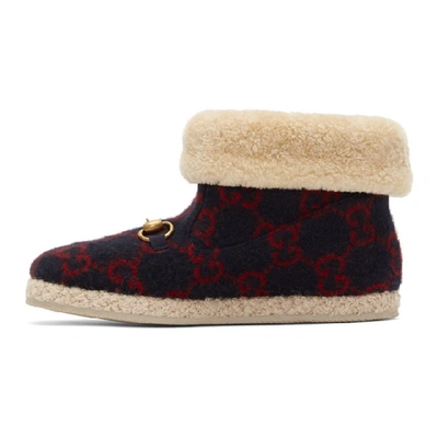 Shop Gucci Navy Wool Fria Boots In Navy/red