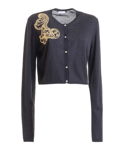 Shop Versace Baroque Embroidery Cropped Cardigan In Black