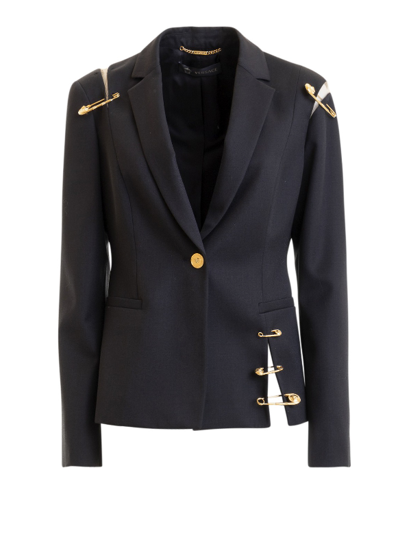 Versace Safety Pin Cut-out Detail Wool Blazer In Black | ModeSens