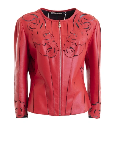 Shop Versace Baroque Leather Jacket In Red