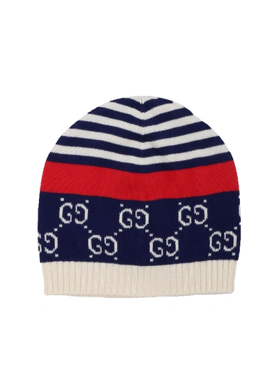 Shop Gucci White And Blue Beanie With Gg Pattern