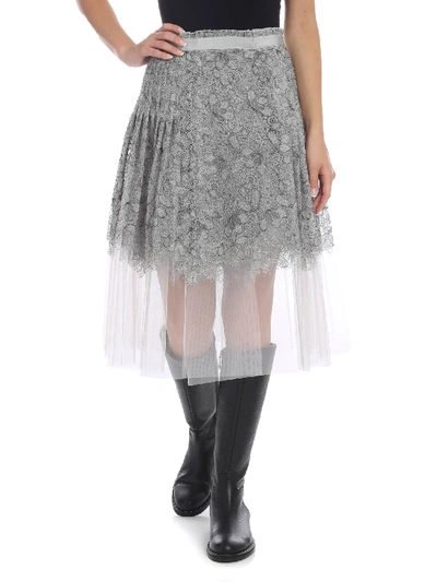 Shop Ermanno Scervino Pleated Skirt In Gray Flowers Lace In Grey