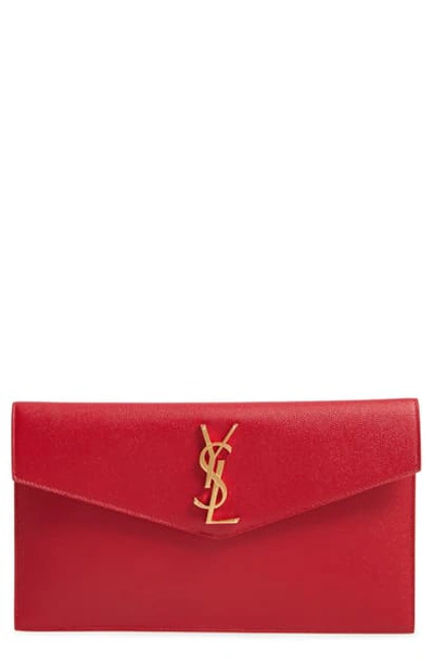 Shop Saint Laurent Uptown Calfskin Leather Envelope Clutch In Rouge Eros