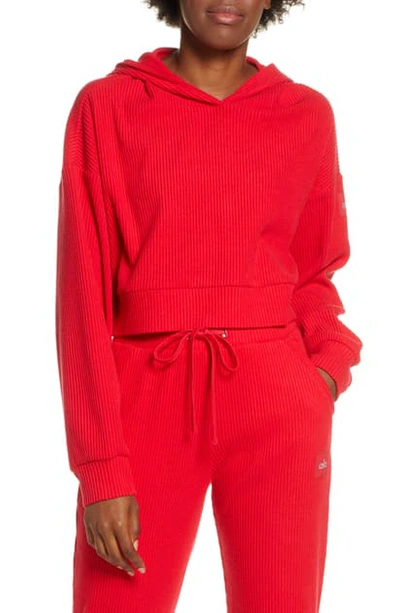 Shop Alo Yoga Muse Ribbed Crop Hoodie In Scarlet