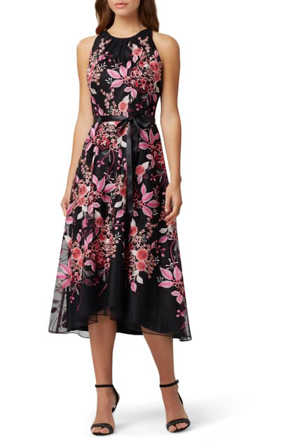 tahari embroidered floral ribbon dress