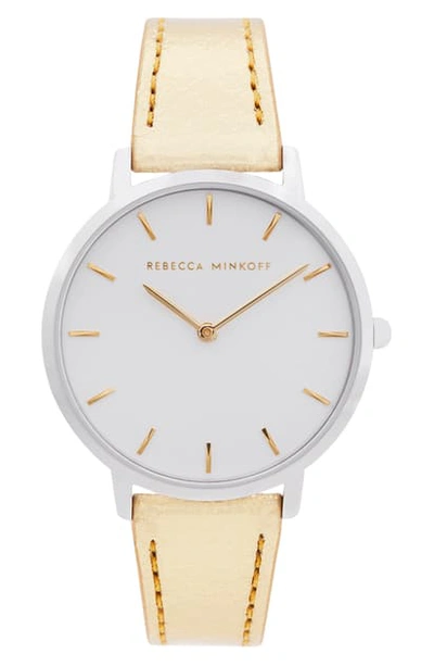 Shop Rebecca Minkoff Major Metallic Leather Strap Watch, 35mm In Gold/ White/ Silver
