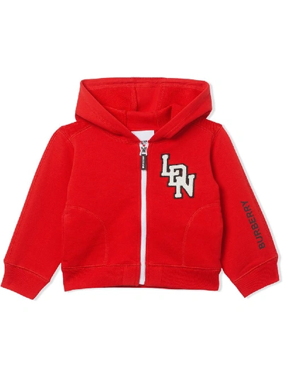 Shop Burberry Logo Zipped Front Hoodie In Red