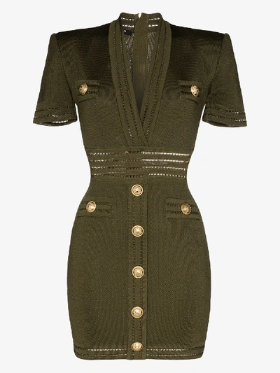 Shop Balmain V-neck Gold Button Mini Dress In Green