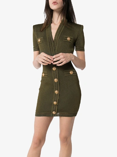 Shop Balmain V-neck Gold Button Mini Dress In Green
