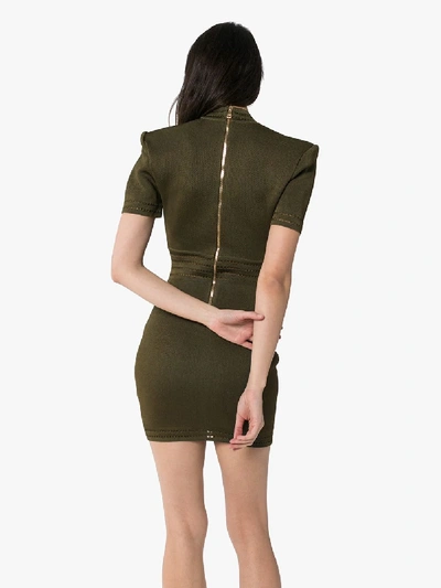 Shop Balmain V-neck Gold Button Mini Dress In Green