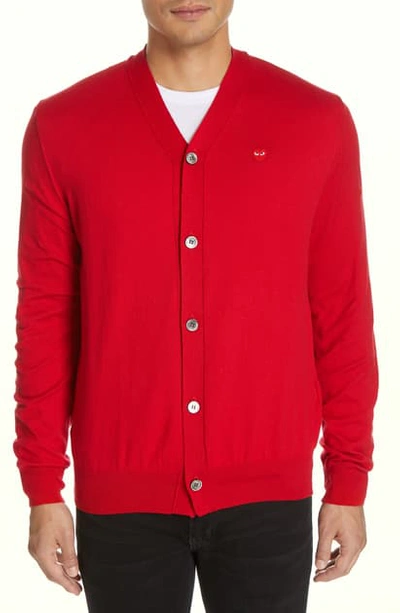 Shop Comme Des Garçons Play V-neck Cotton Cardigan In Red