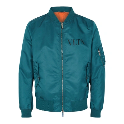 Shop Valentino Vltn Teal Shell Bomber Jacket In Blue