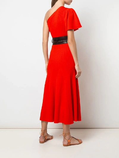 Shop Carolina Herrera One-shoulder Flutter Sleeve Midi Dress In Red