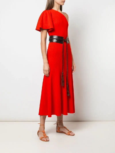 Shop Carolina Herrera One-shoulder Flutter Sleeve Midi Dress In Red