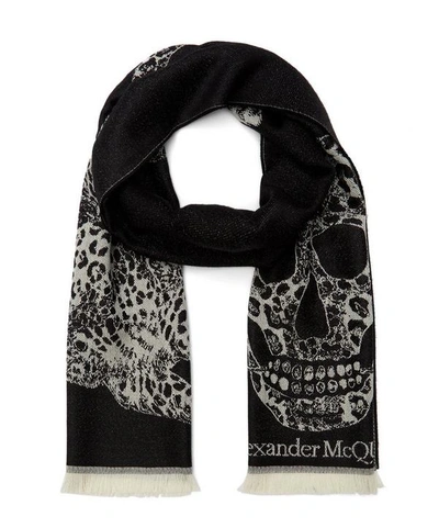Shop Alexander Mcqueen Leopard Wool-jacquard Scarf In Black
