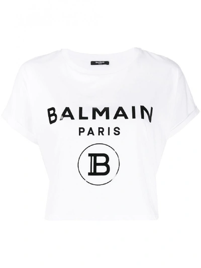 Shop Balmain Logo Cropped T-shirt In White