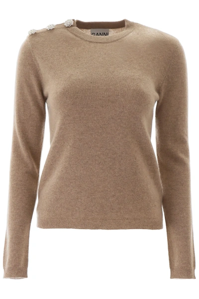 Shop Ganni Pullover With Crystal Buttons In Beige