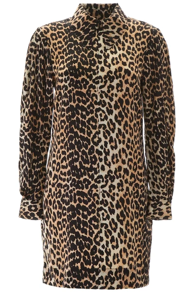 Shop Ganni Leopard Mini Dress In Beige,black