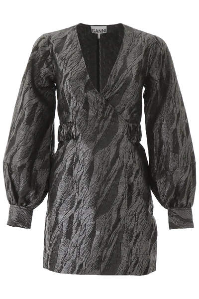 Shop Ganni Jacquard Mini Dress In Black,silver