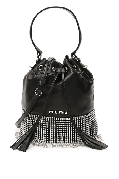 Shop Miu Miu Crystal Fringe Bucket Bag In Black