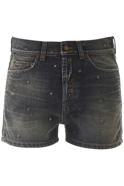 Shop Saint Laurent Denim Shorts With Eyelets In Blue