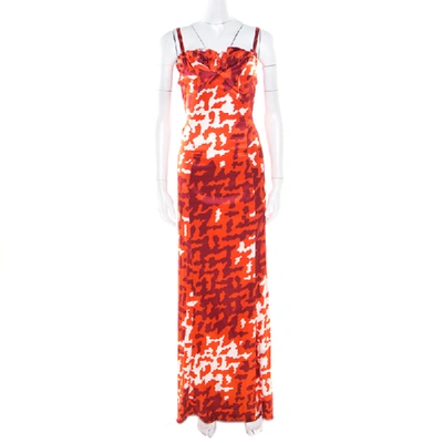 Pre-owned Just Cavalli Orange Abstract Printed Pleated Bodice Detail Sleeveless Maxi Dress L
