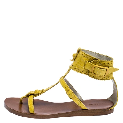 Pre-owned Balenciaga Yellow Brogue Leather T Strap Sandals Size 36.5