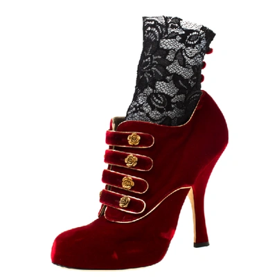 Pre-owned Dolce & Gabbana Dolce & Gabanna Red/black Velvet And Lace Socks Platform Ankle Boots Size 40