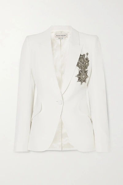 Shop Alexander Mcqueen Embellished Crepe Blazer In White
