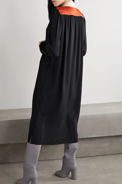 Shop Marni Tie-neck Color-block Crepe De Chine Midi Dress In Black