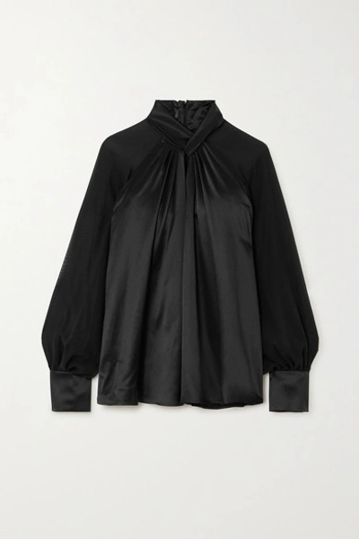 Shop Max Mara Enna Knotted Silk-satin And Chiffon Blouse In Black